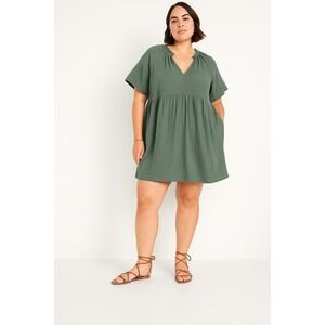Old Navy XXL Green Gauze Babydoll Dress Ruffle Neck Cotton Short Sleeve‎